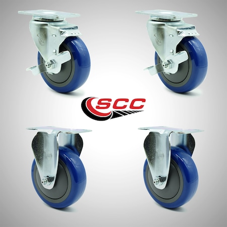 Service Caster 4 Inch SS Blue Polyurethane Top Plate Caster Set with 2 Brake 2 Rigid SCC SCC-SS20S414-PPUB-BLUE-TLB-2-R414-2